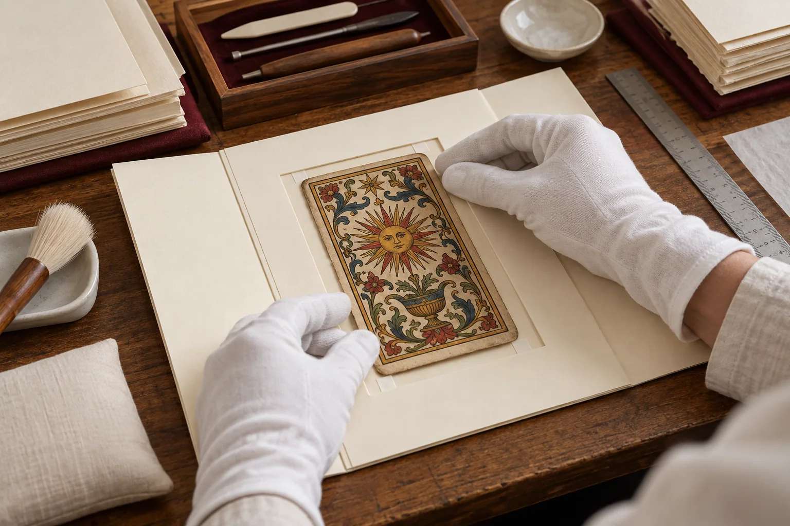 Gloved hands place an imagined illustrated playing card in a conservation folder.