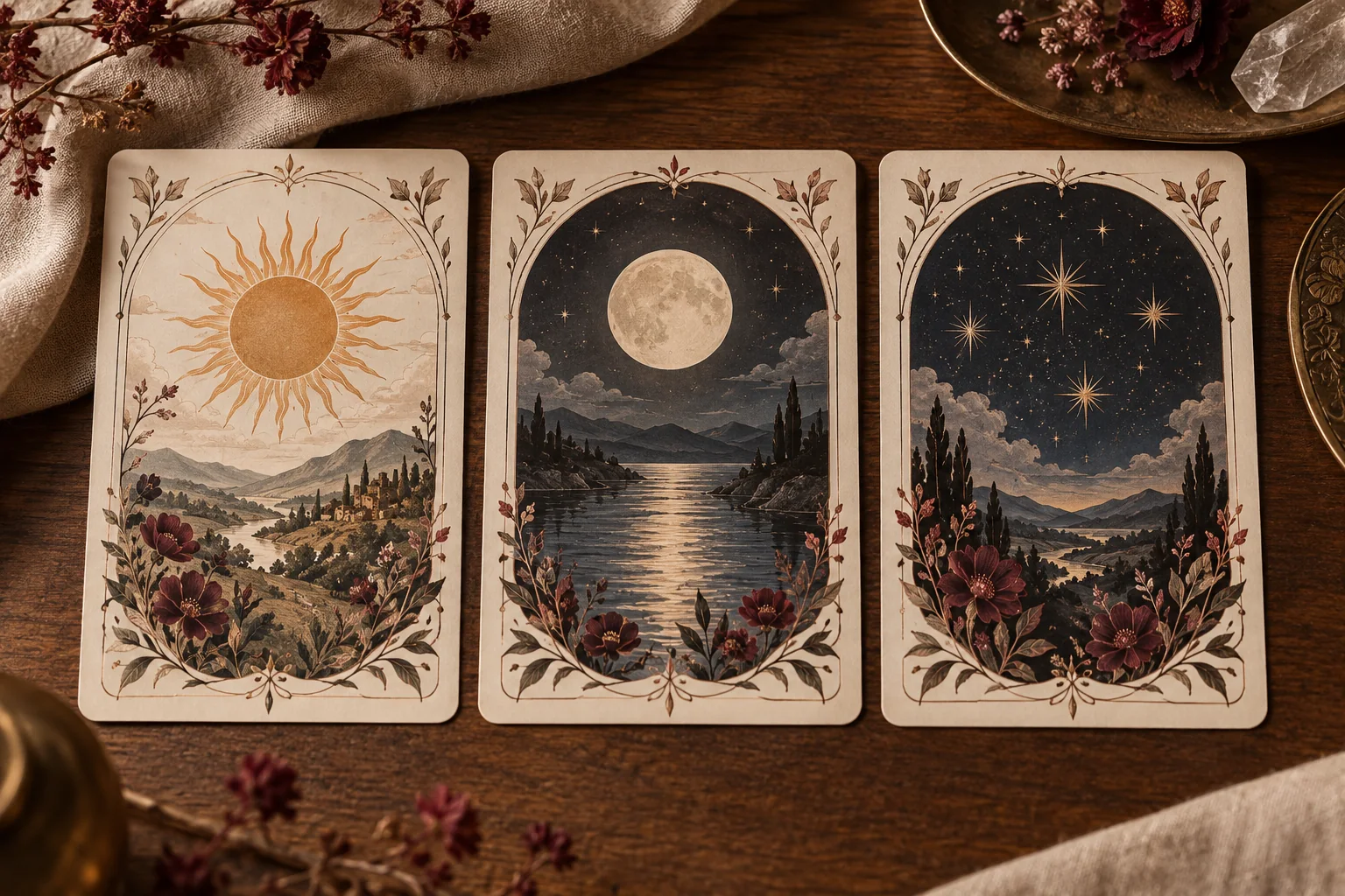Three original cards show the sun over hills, moon over water and stars at night.