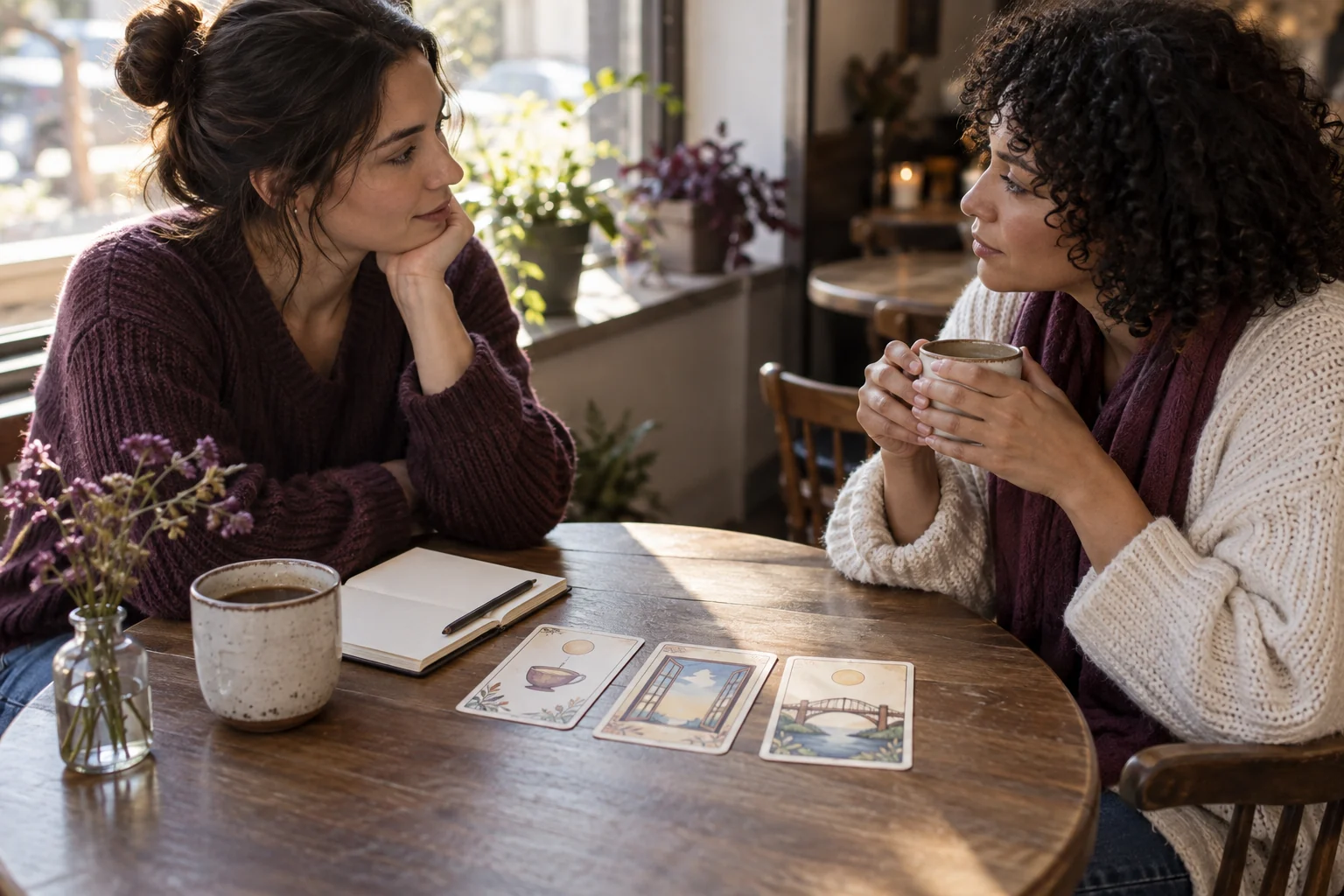 Two women talk at a table with three imagined cards, a notebook, and cups.