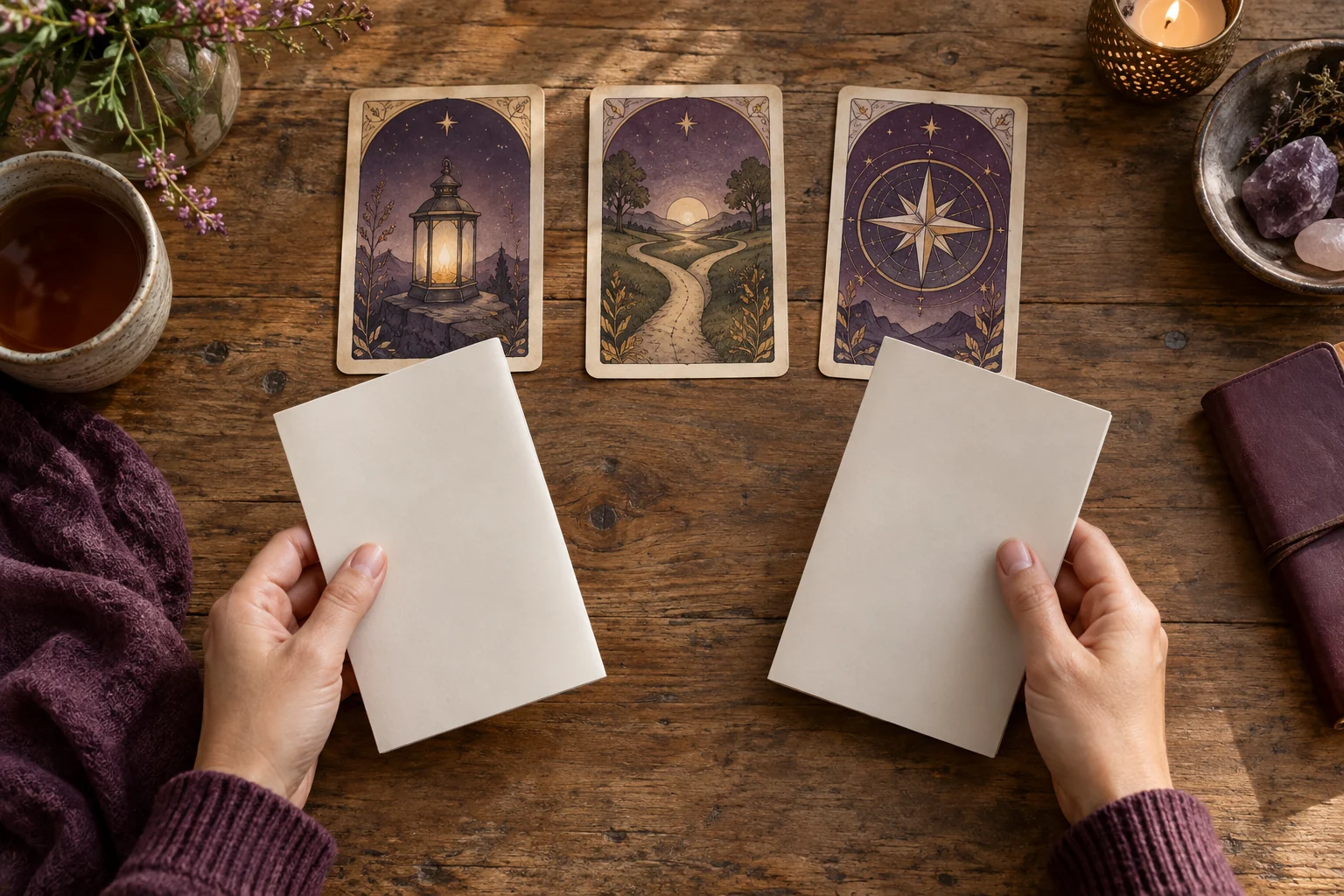 Two hands compare blank brochures beside three invented cards showing a lantern, paths, and a compass.