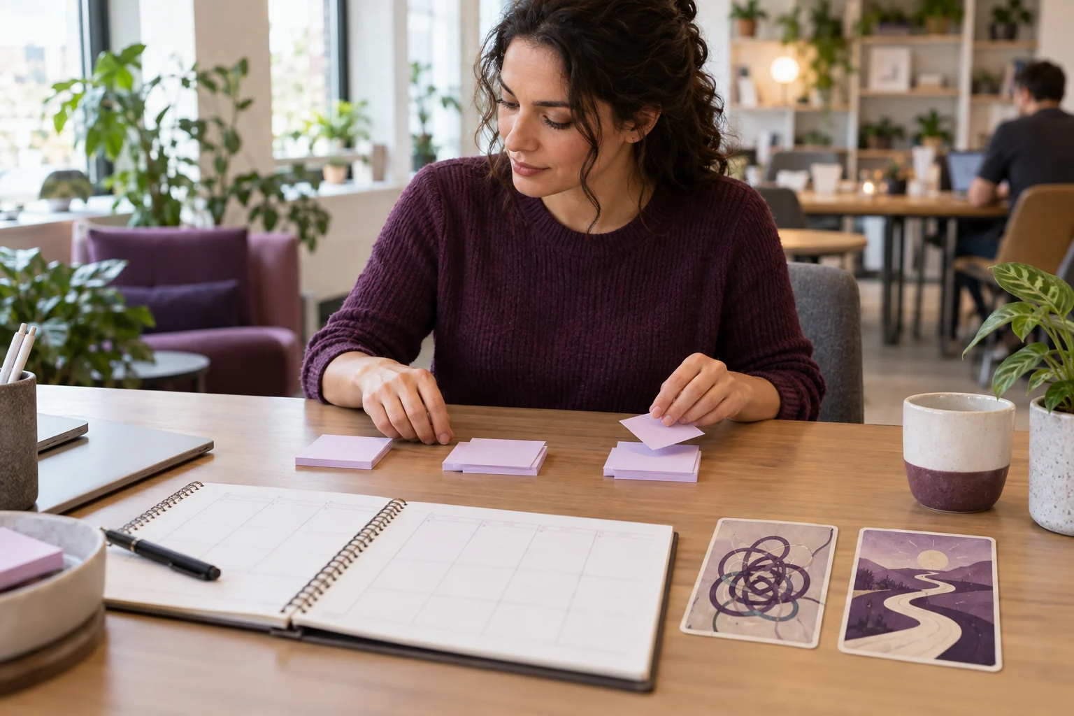 A woman sorts sticky notes beside a planner and two invented cards with a knot and path.