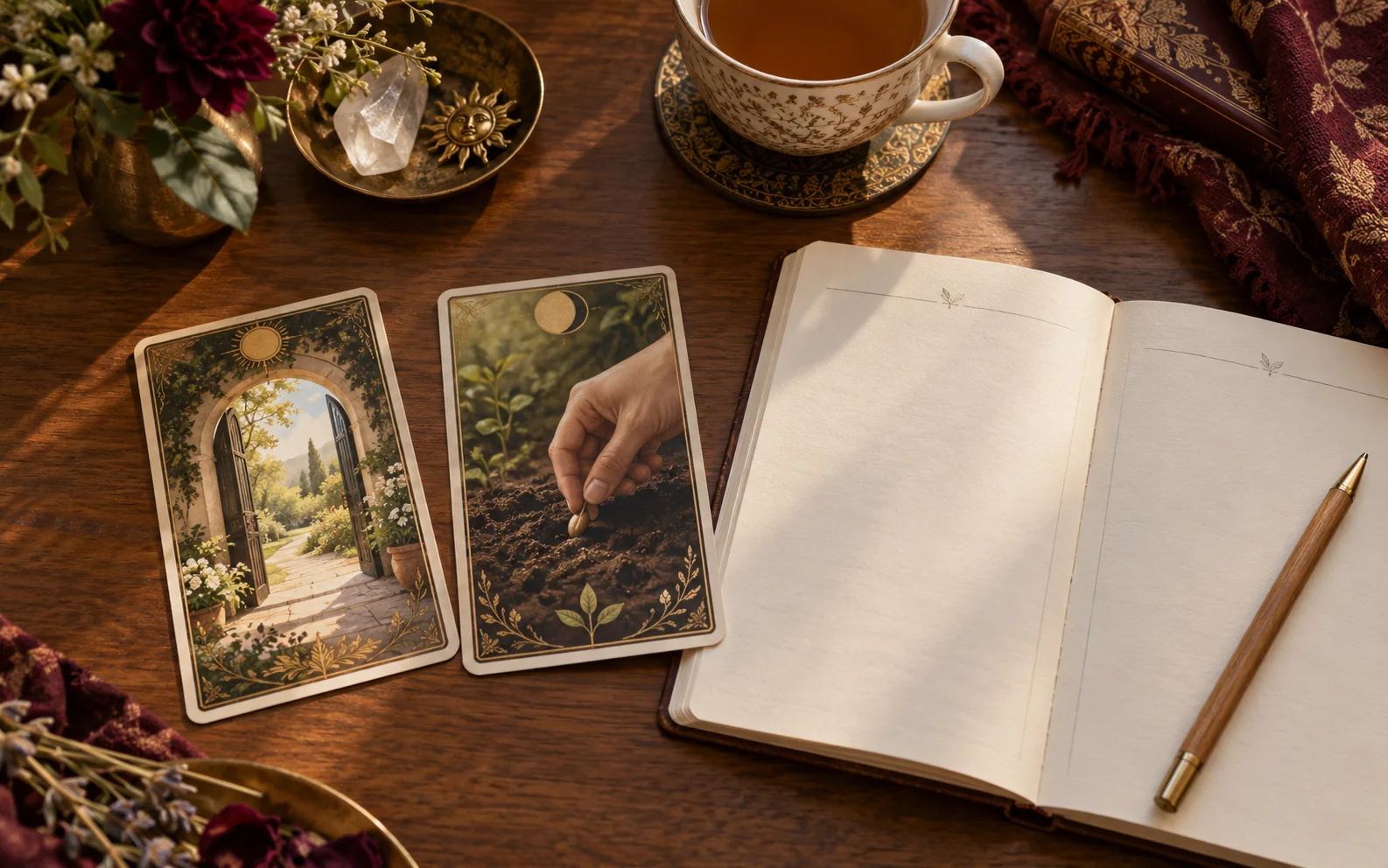 Two fictional cards show a doorway into a garden and a hand planting a seed beside an open notebook.