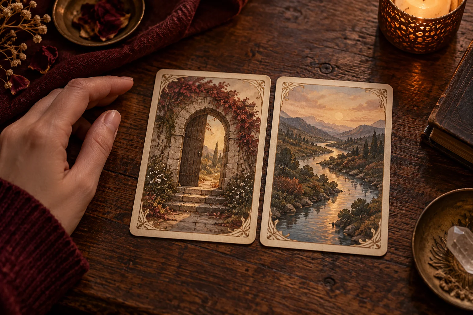 Two original cards, one with a stone doorway and one with a river, on a table.
