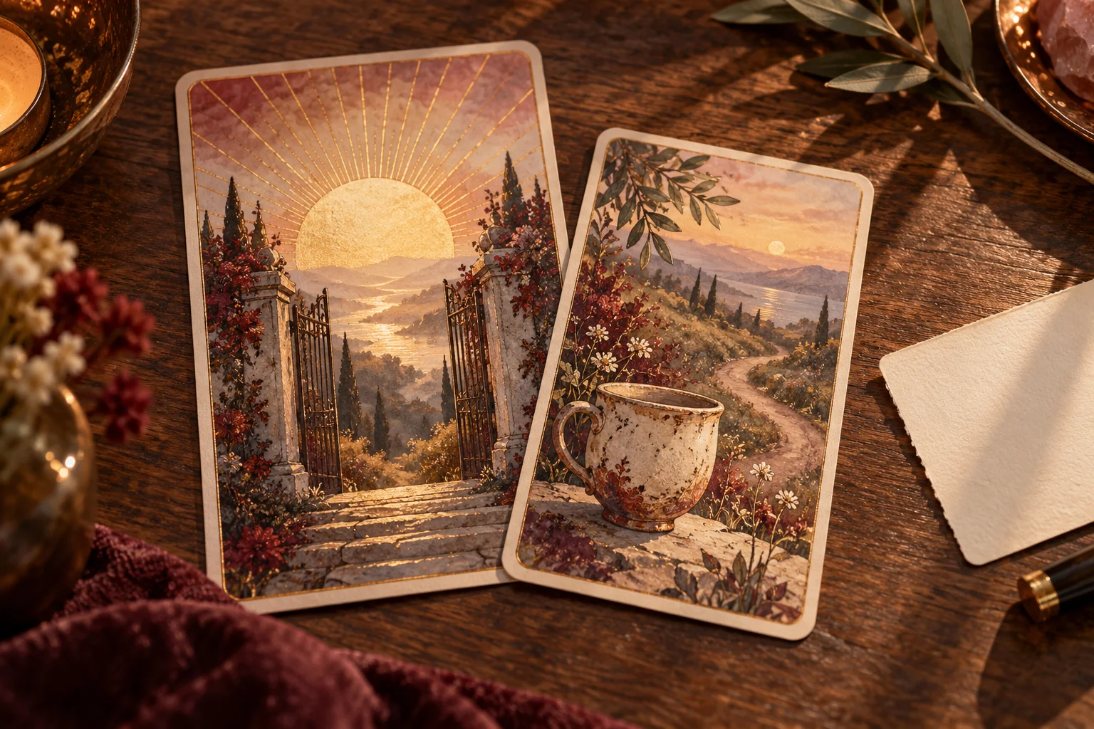 Deux cartes originales superposées : un lever de soleil derrière une grille et une coupe près d'un chemin.