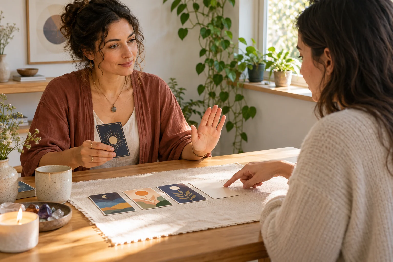 A reader raises a hand to pause while another person points to a blank card beside invented cards.