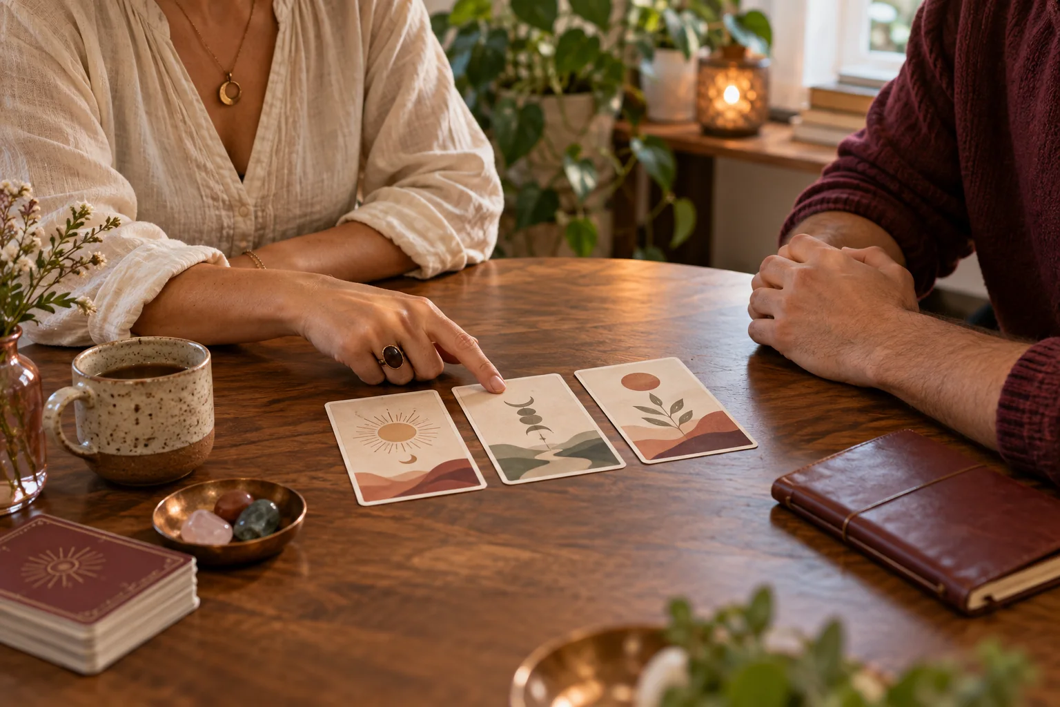 Two people talk over three illustrated cards at a table; their hands and torsos are visible.