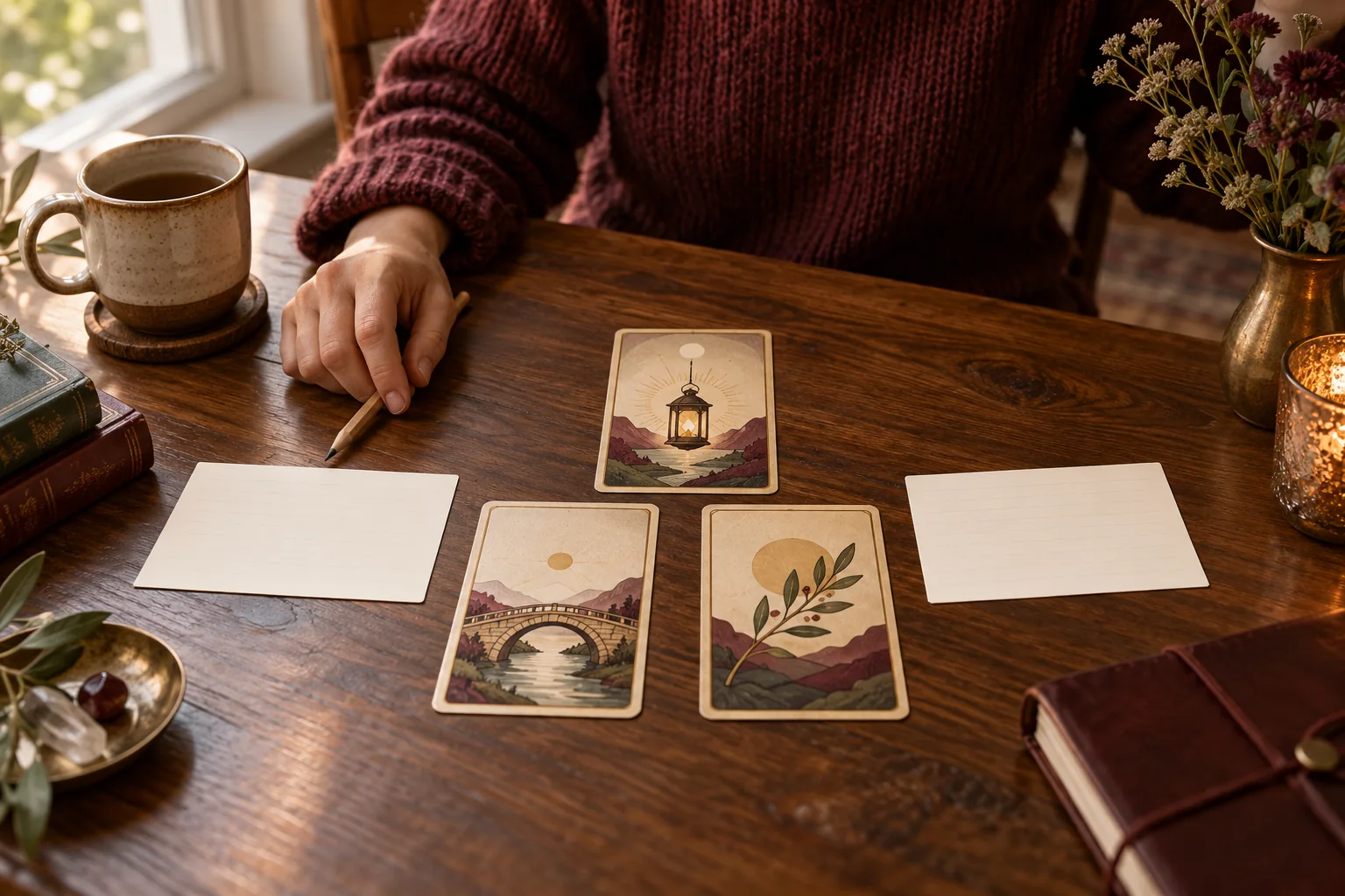 Three illustrated cards in a triangle between two blank note cards beside a person with a pencil.