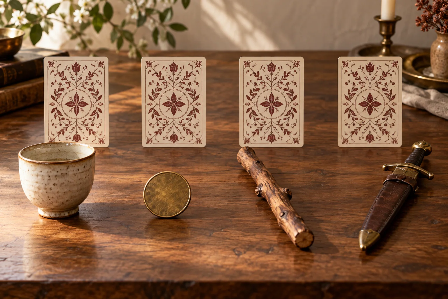 A cup, coin, branch and sheathed sword in front of four face-down cards.