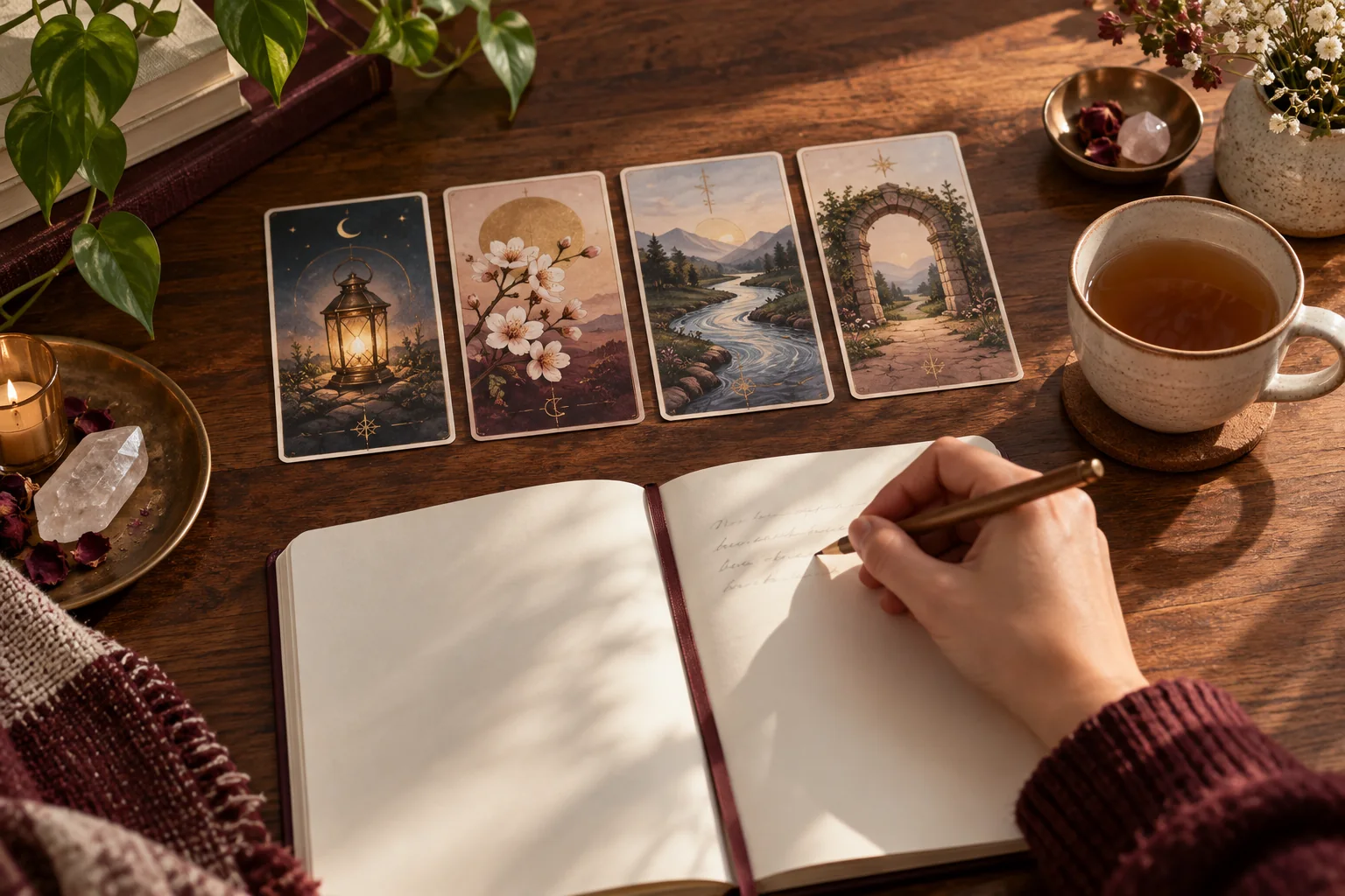 A hand writes in a journal beside four illustrated cards and a cup of tea.