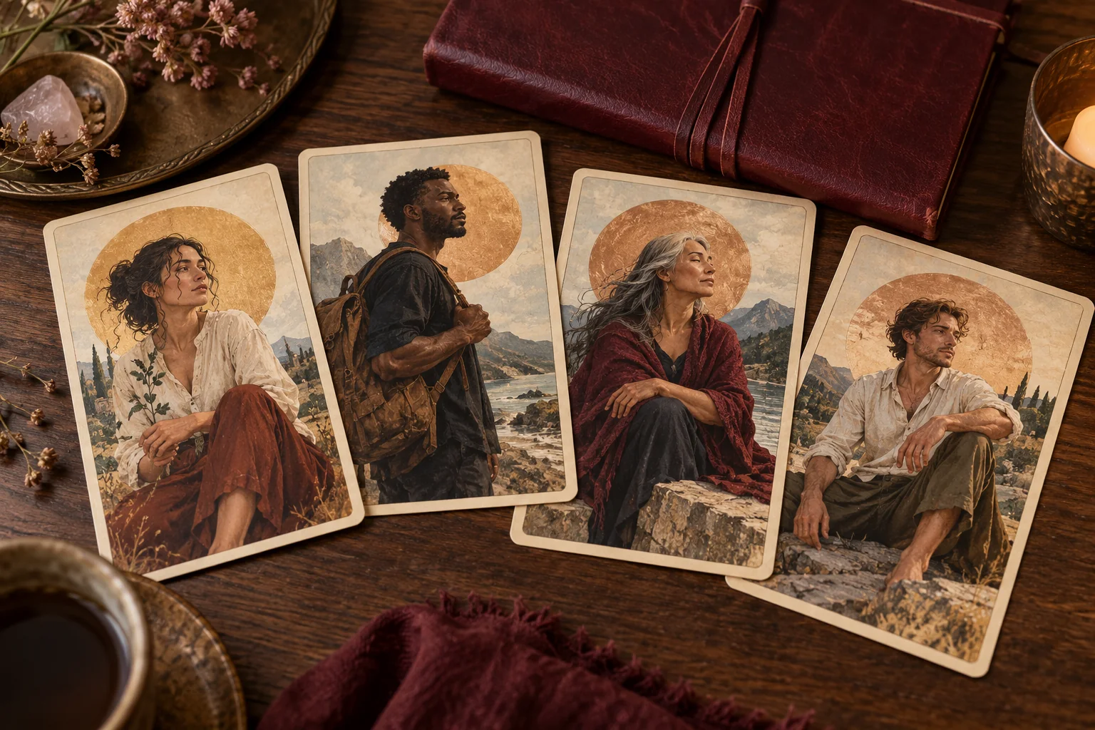 Cuatro cartas originales muestran retratos ilustrados de personas adultas diferentes.