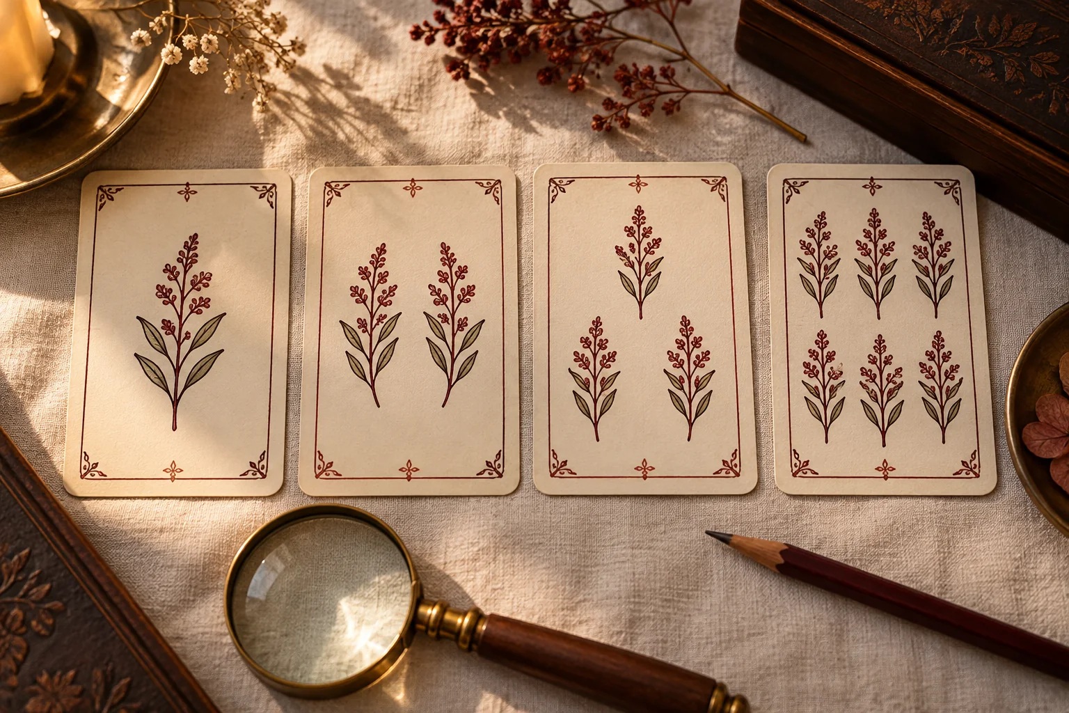Four original cards with varying numbers of flowering sprigs beside a magnifying glass.