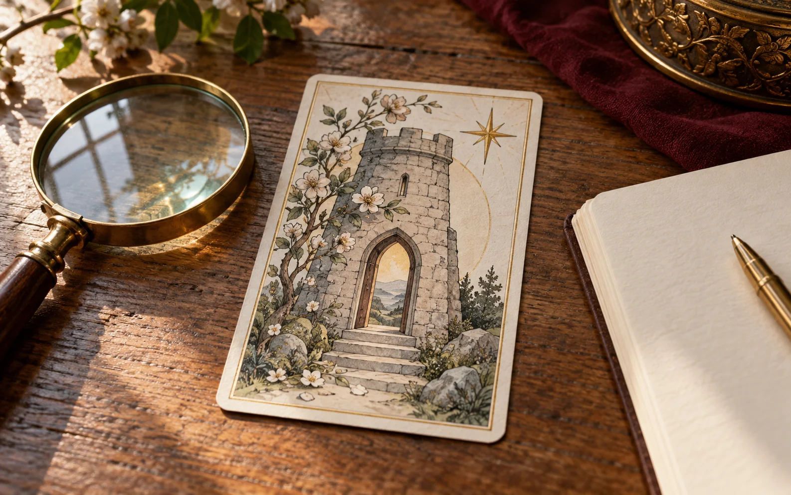 A fictional card with an open tower, flowers and a star beside a magnifying glass and blank notebook.