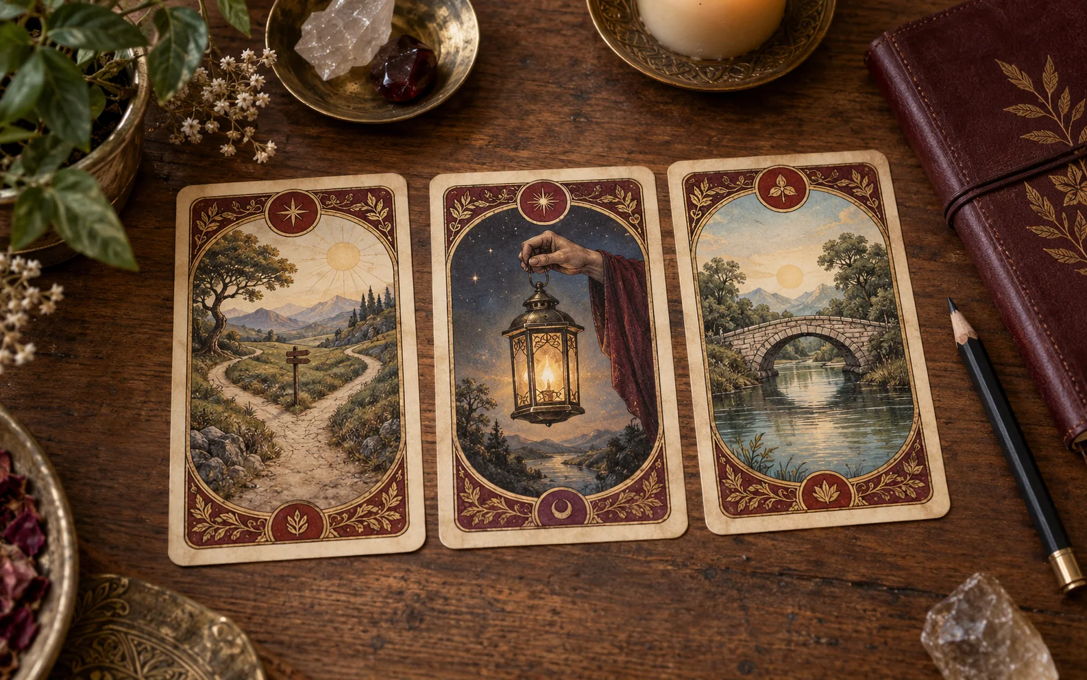 Tres cartas ficticias muestran un camino bifurcado, un farol y un puente junto a un cuaderno cerrado.