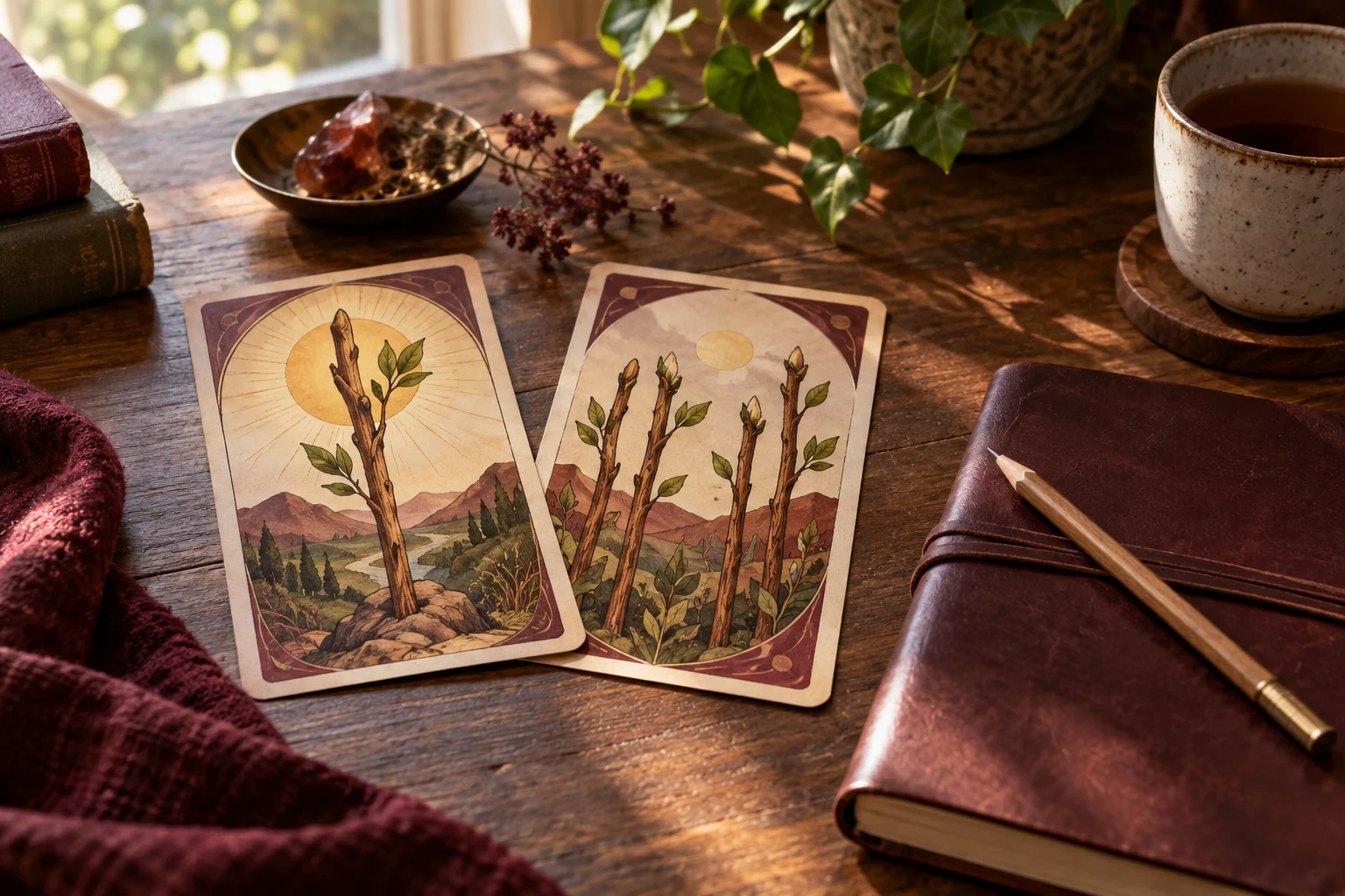 Dos cartas ficticias con ramas que brotan sobre una mesa de madera, junto a un cuaderno y una taza.