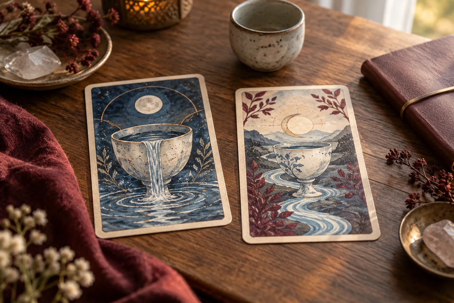 Dos cartas ficticias con copas de cerámica y agua sobre una mesa de madera.