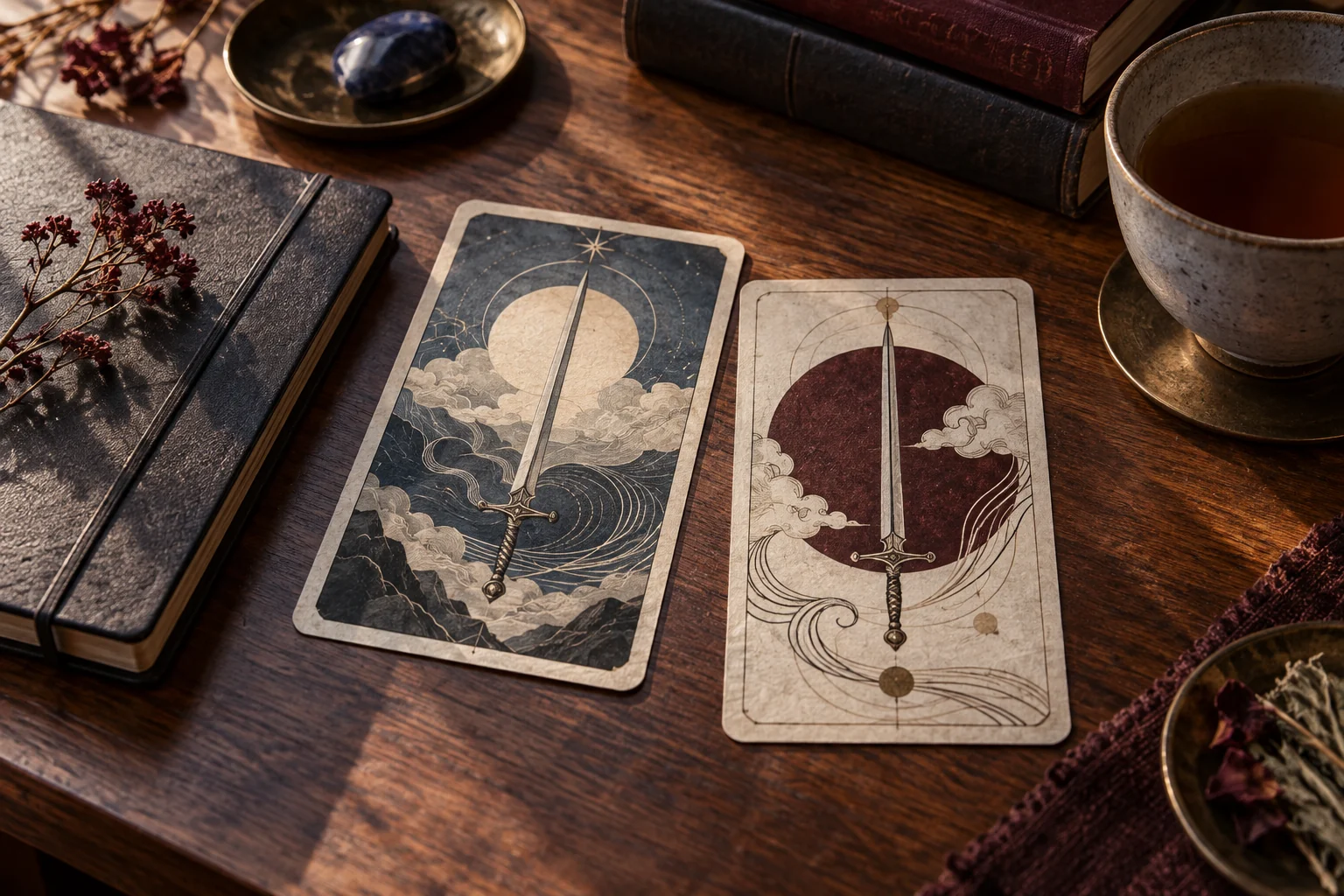 Dos cartas ficticias con espadas verticales y nubes sobre una mesa de madera.