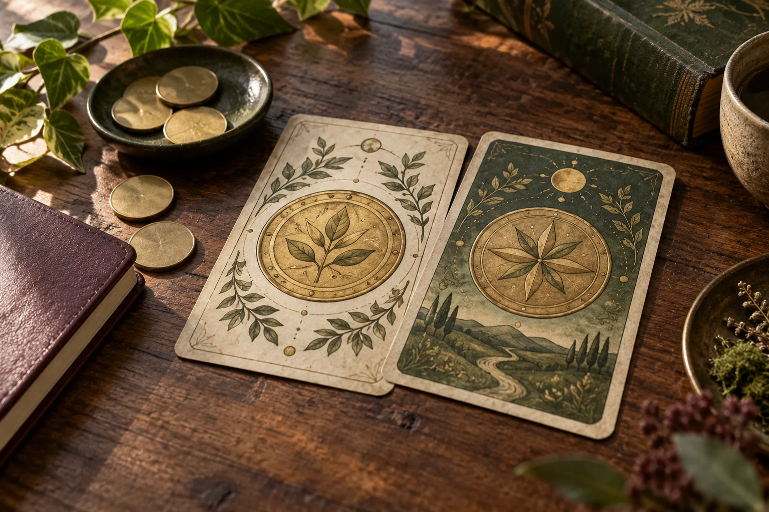 Dos cartas ficticias con discos dorados y motivos vegetales sobre una mesa de madera.