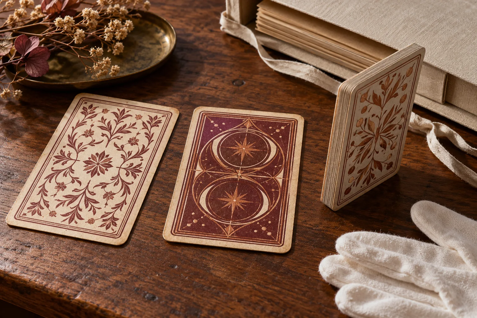 Three imagined playing-card backs with different patterns beside an archive folder.