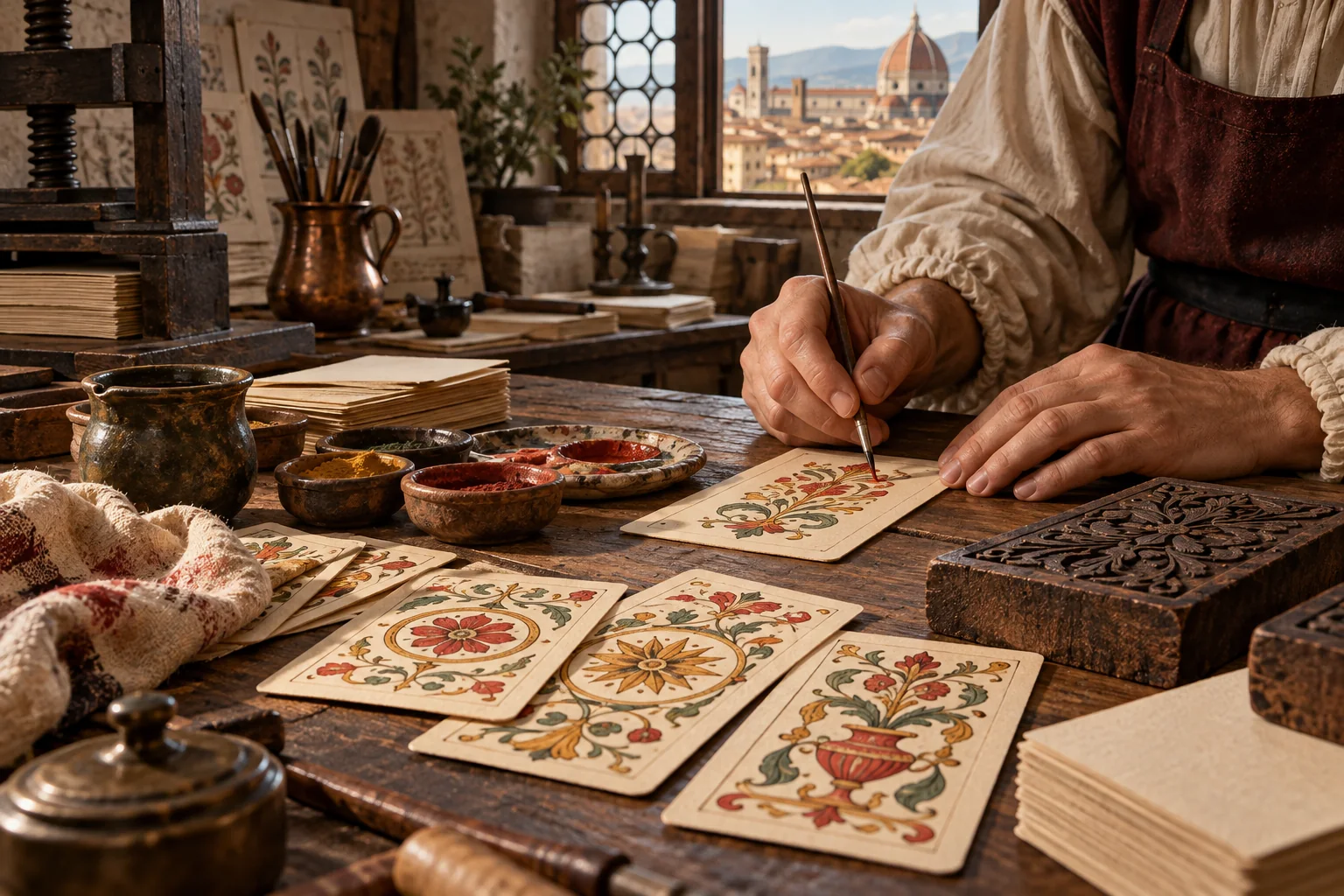 Hands painting floral motifs on playing cards in an imagined workshop.