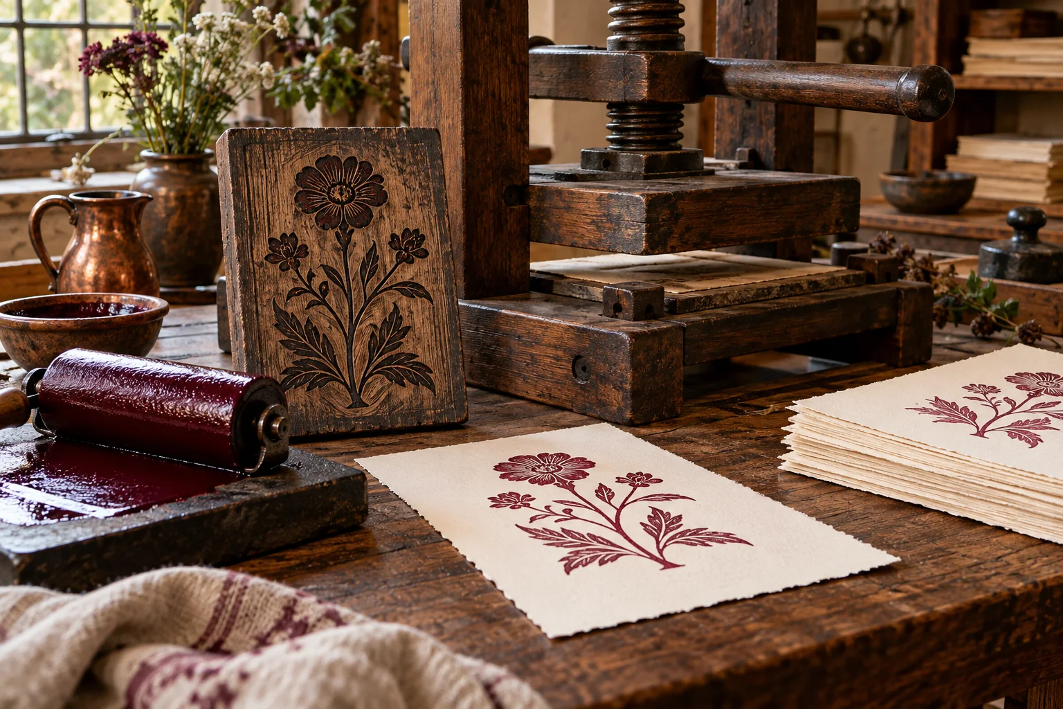 A wooden press, floral printing block and printed cards in an imagined workshop.