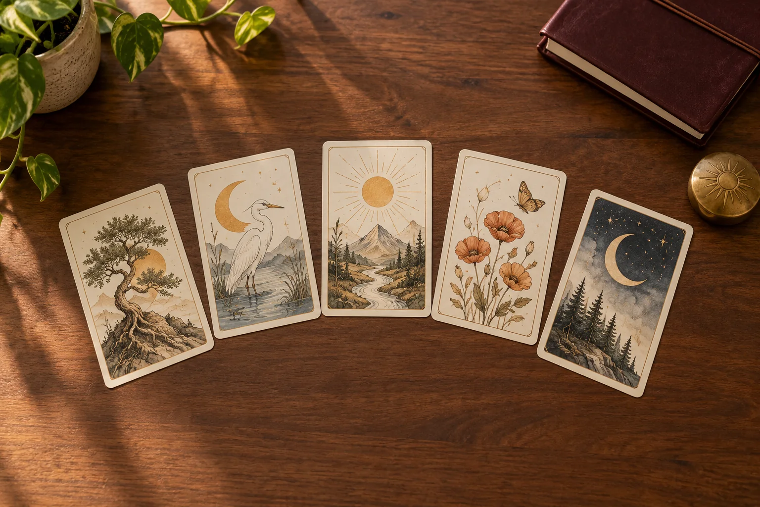 Five illustrated nature-motif cards arranged in an arc on wood.