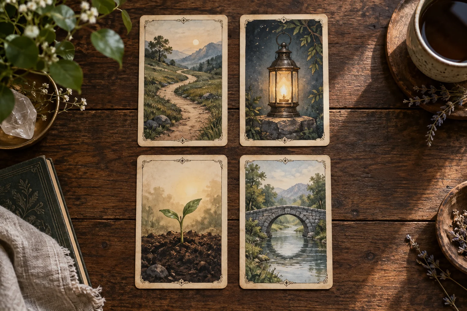 Four fictional cards in two rows, showing a path, lantern, sprout and bridge on a wooden table.