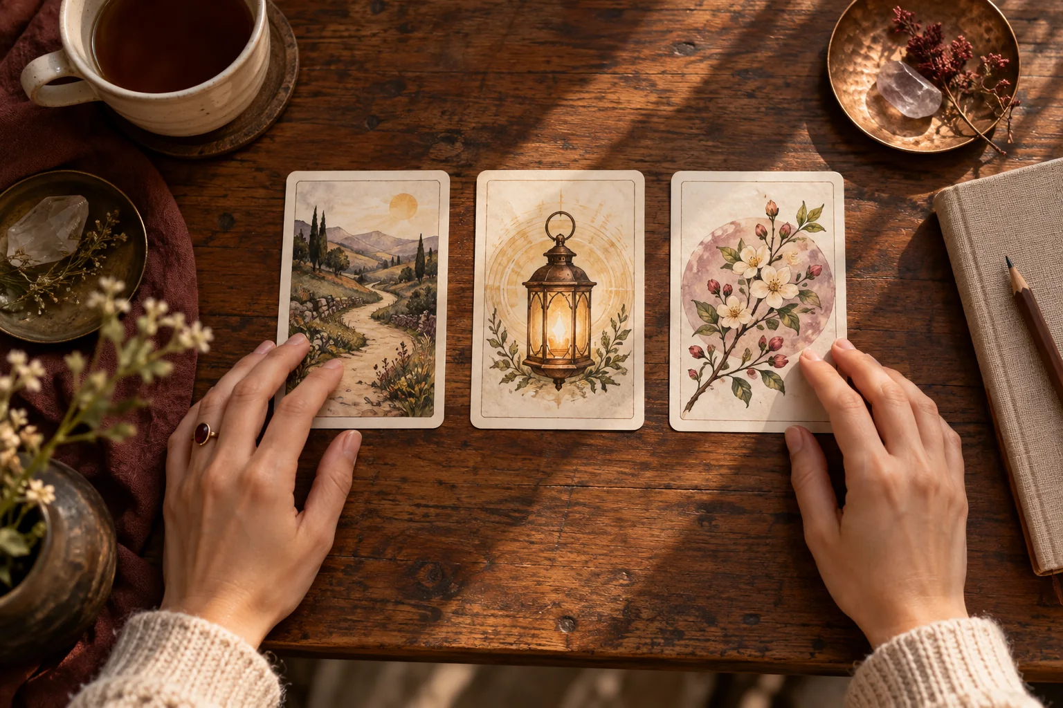 Two hands beside three illustrated cards showing a path, lantern and flowering branch on a table.