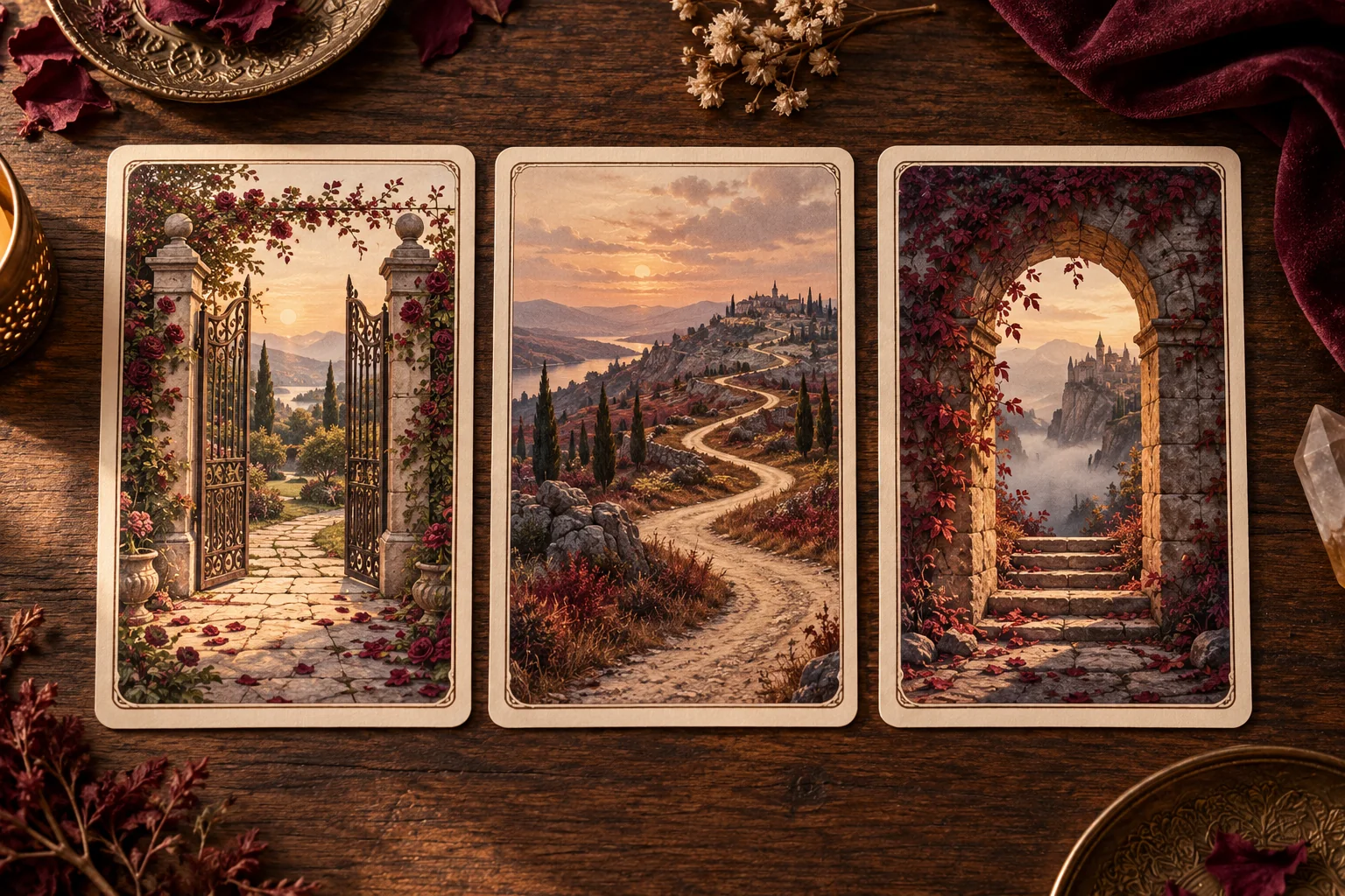 Three original cards with an open gate, winding path and stone arch.