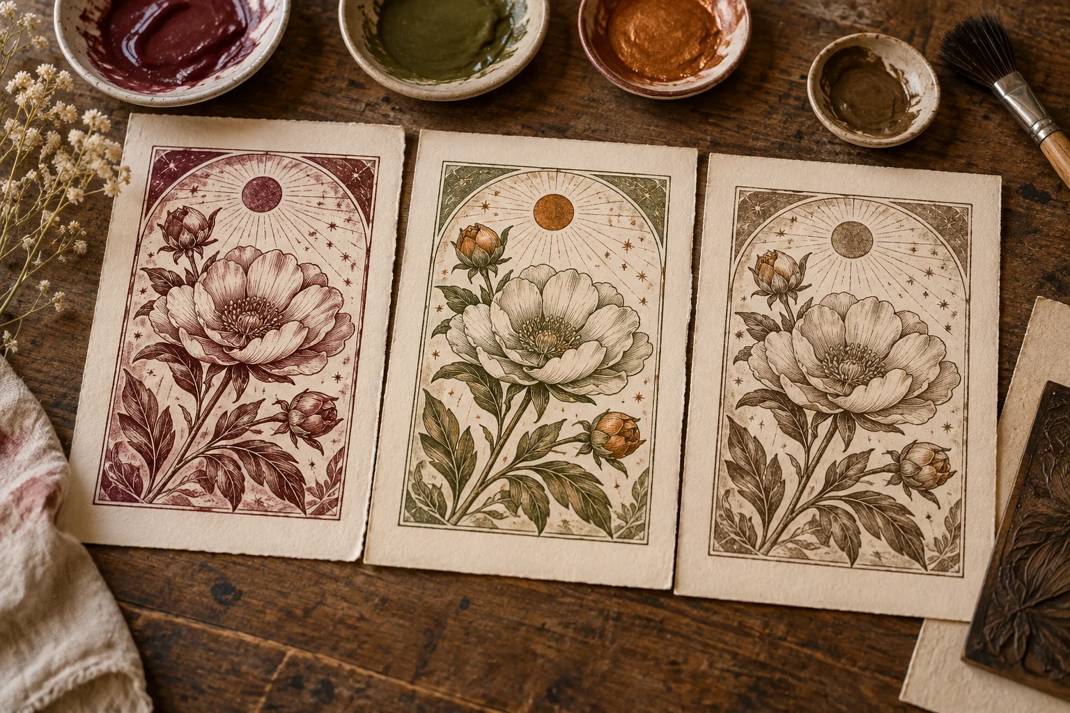 Three imagined prints of the same floral drawing in burgundy, green and sepia.